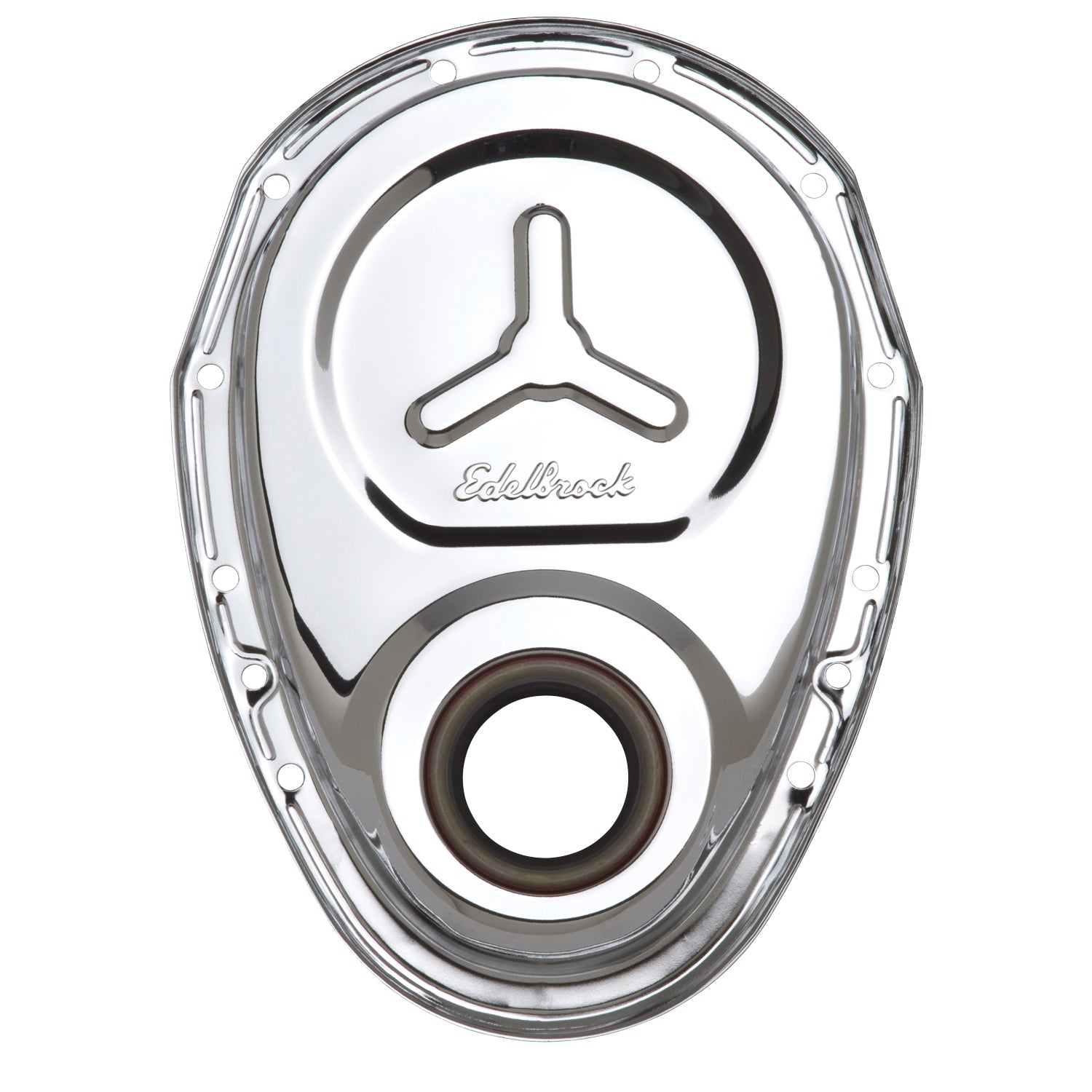 Timing Cover SBC Stamped Steel W/Welded Star & Logo Chrome