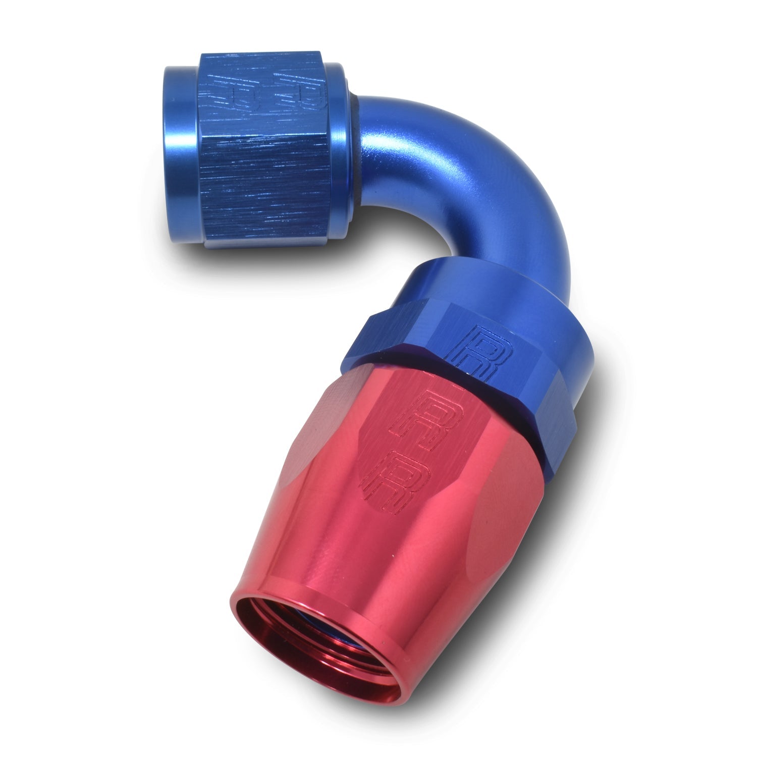 16AN ProClassic Swivel 120 Degree Tight Radius Hose End, Red/Blue Finish
