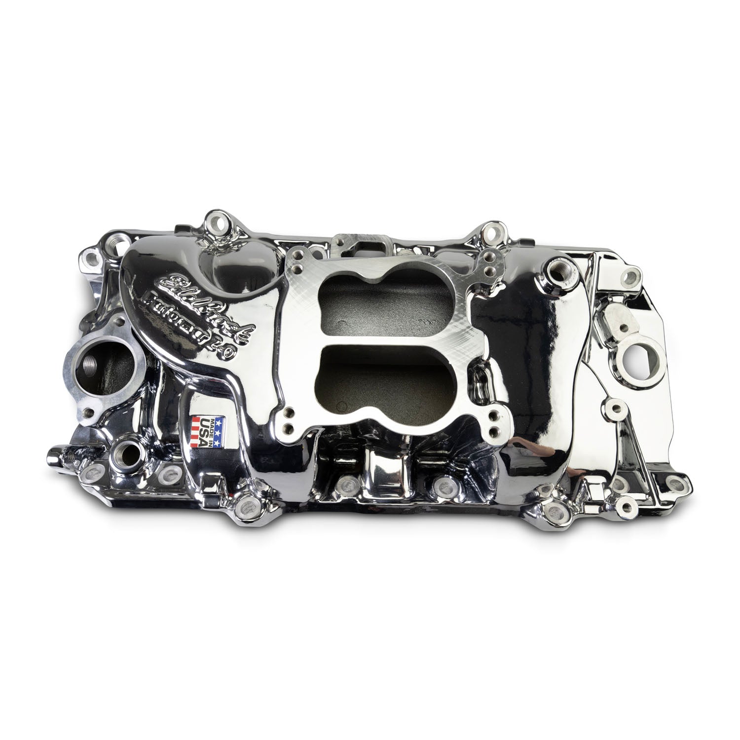Performer 2-O Manifold for 1965-90 B/B Chevy Oval Port Heads, Chrome Plasma
