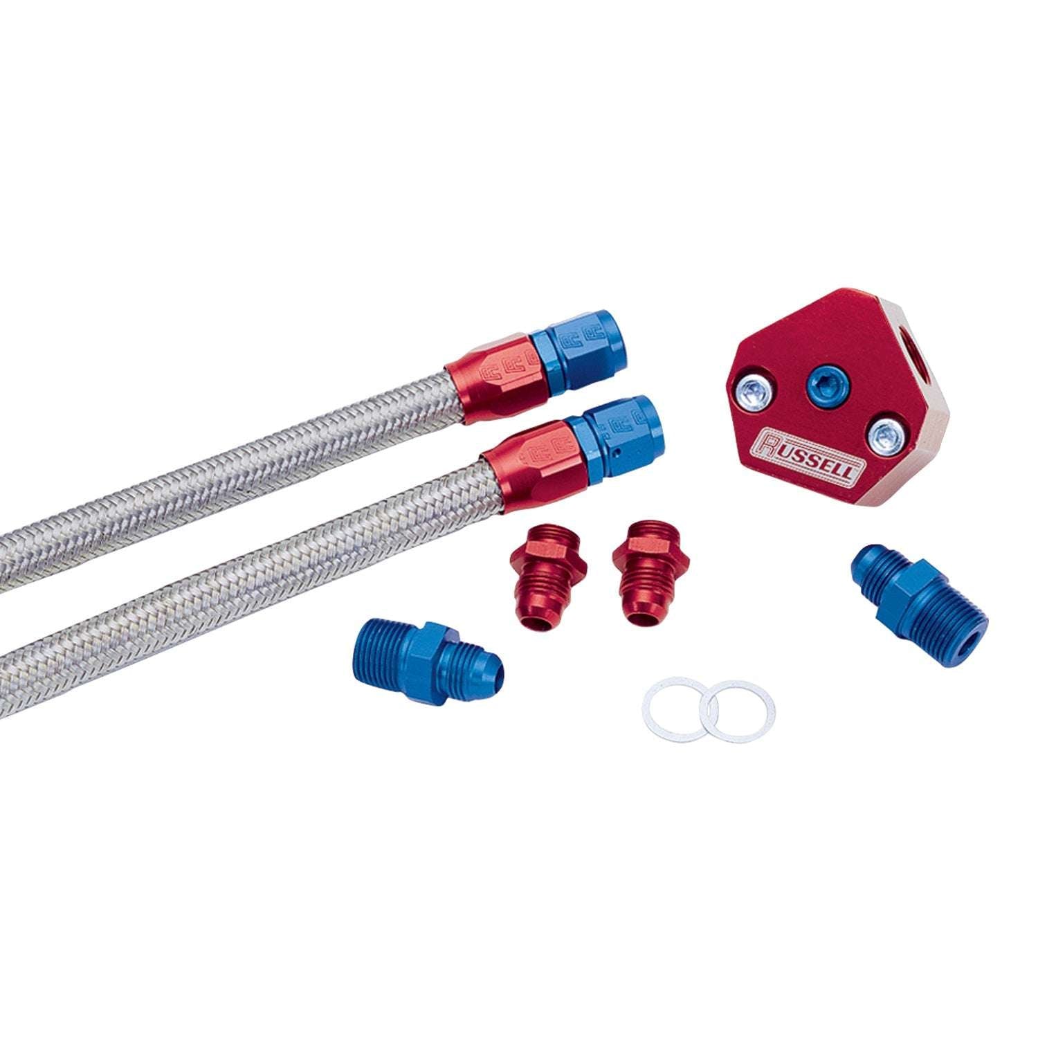 6AN Tunnel Ram Single Feed Carb Fuel System Plumbing Kit With Red/Blue Finish