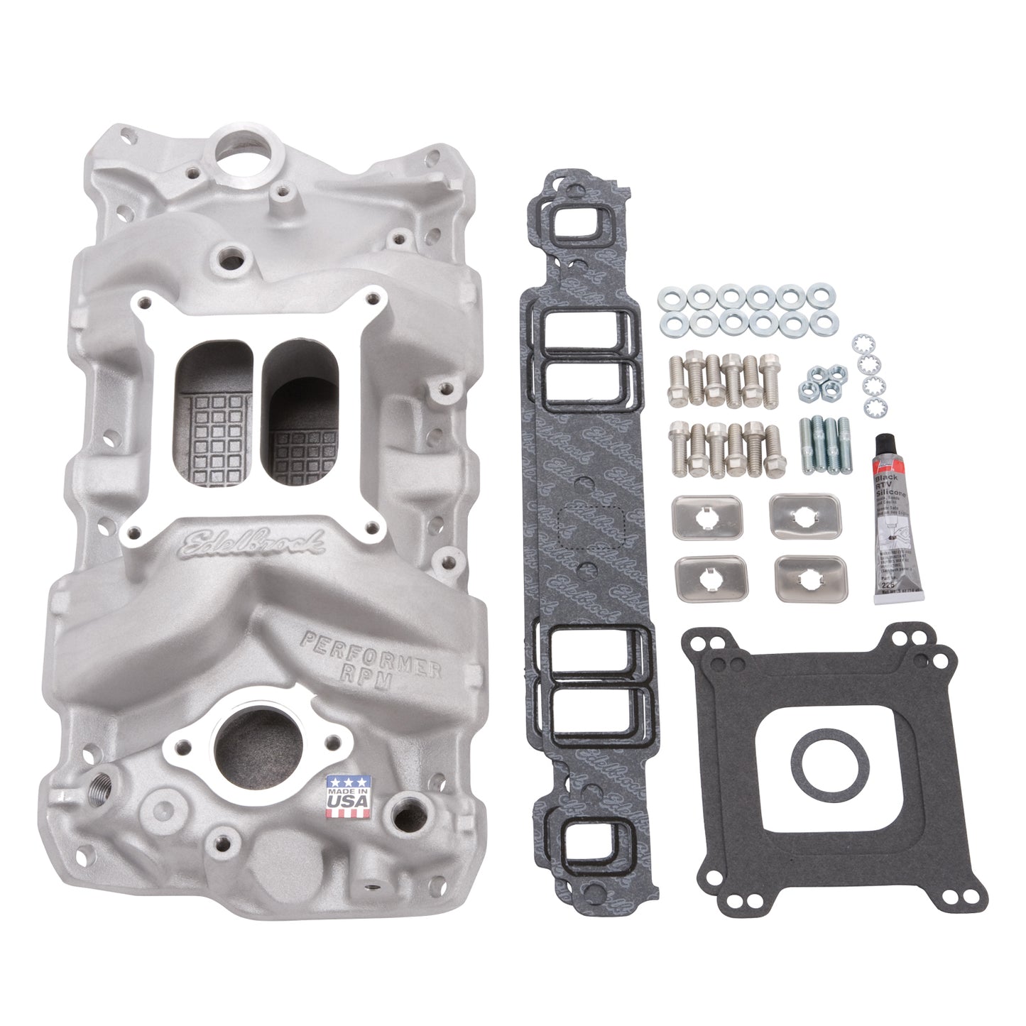 Edelbrock Chevrolet SBC RPM Manifold w/ Gaskets, Bolts, Studs, RTV