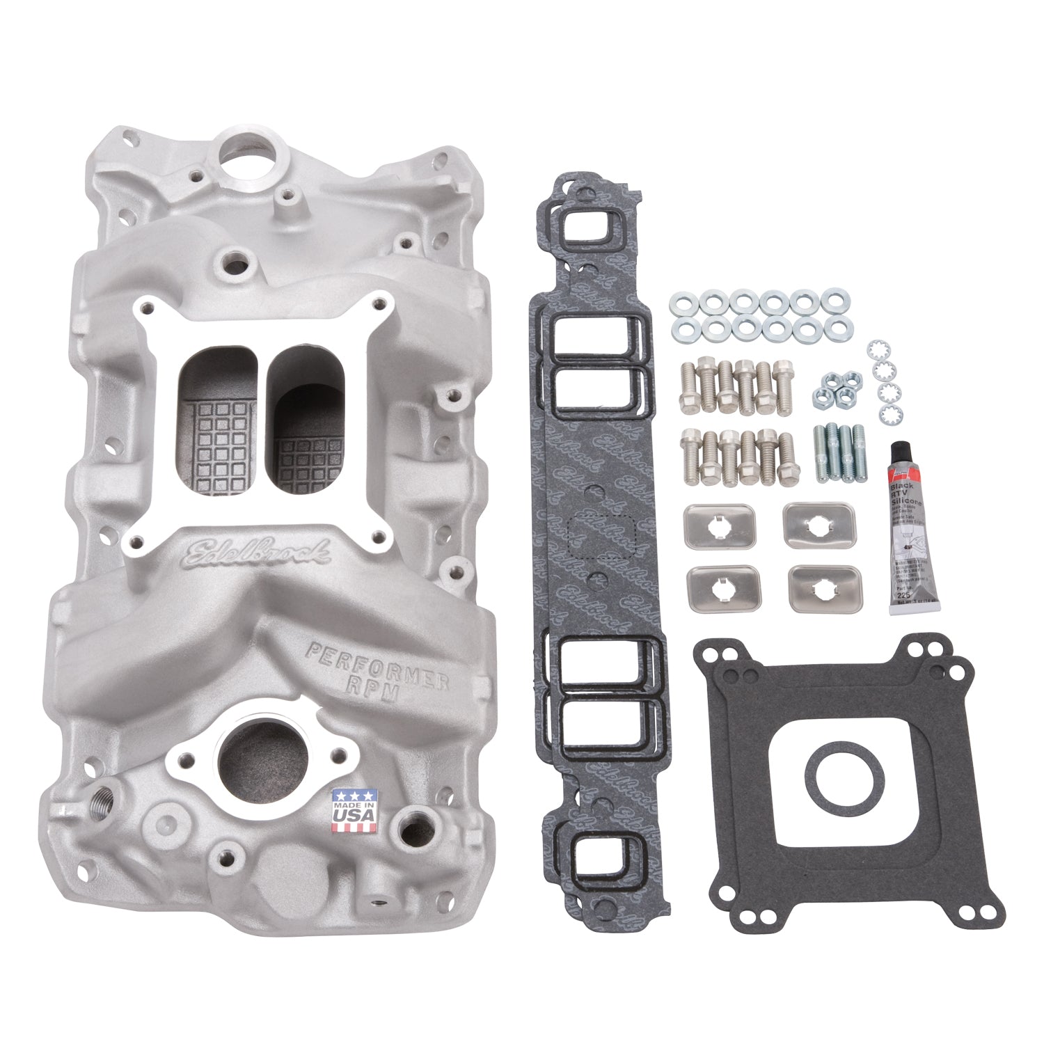 Edelbrock Chevrolet SBC RPM Manifold w/ Gaskets, Bolts, Studs, RTV