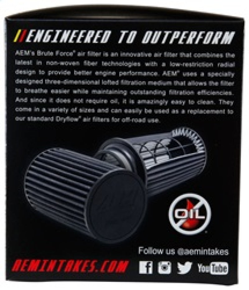 AEM Brute Force Dryflow Air Filter - Conical 6in Base OD / 5.125in Top OD / 5.25in Height AEM Induction Air Filters - Universal Fit