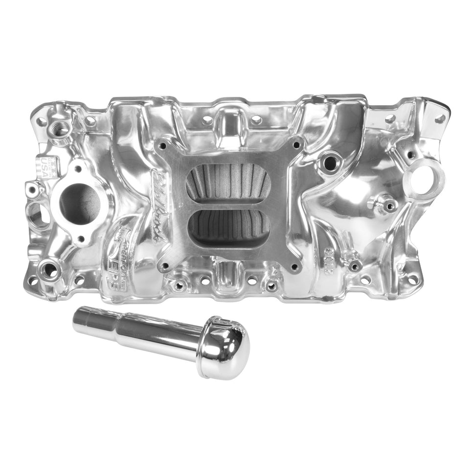 Performer EPS Manifold w/Oil Fill Tube for Small-Block Chevy, Polished Finish