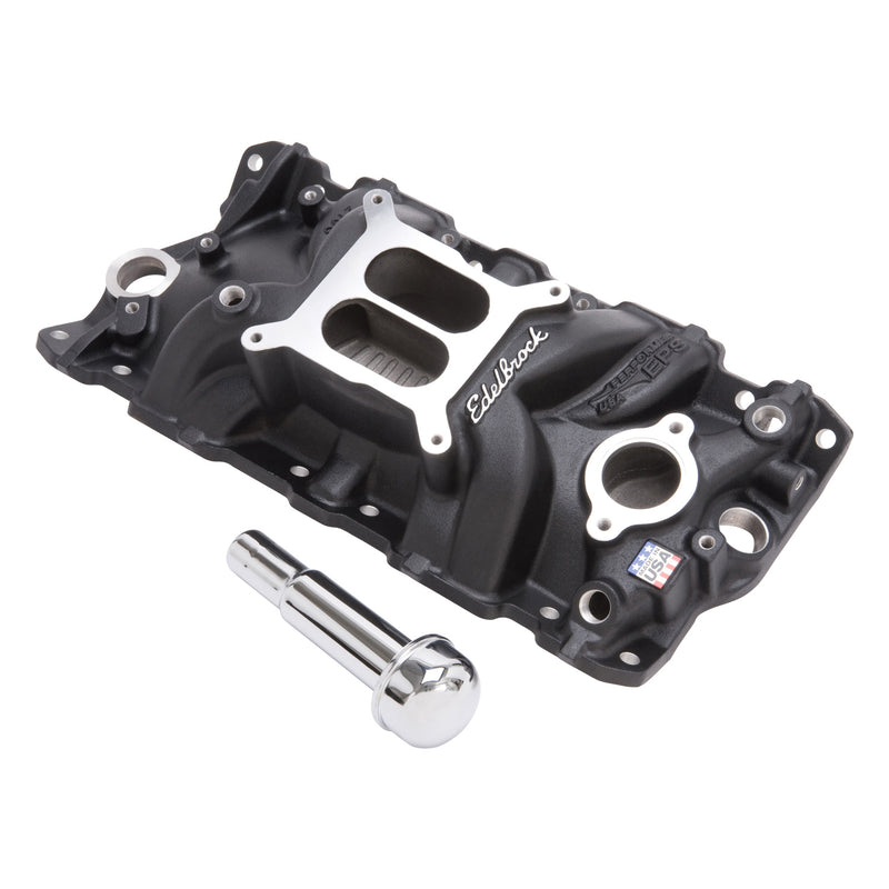 Performer EPS Manifold w/Oil Fill Tube for Small-Block Chevy, Black Finish EDELBROCK Autoparts