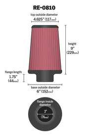 K&N Universal Rubber Filter 3inch FLG / 6inch OD-B / 4-5/8inch OD-T / 9inch L K&N Engineering Air Filters - Universal Fit