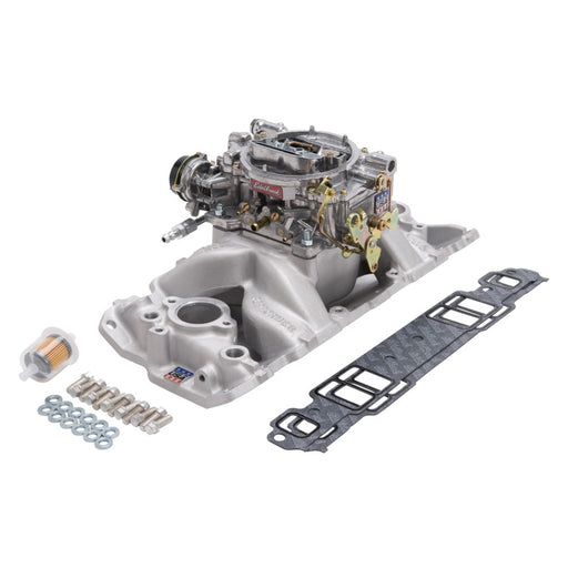 Edelbrock Manifold And Carb Kit Performer Air-Gap Small Block Chevrolet 1957-1986 Natural Finish Edelbrock Intake Manifolds