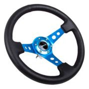 NRG Reinforced Steering Wheel (350mm / 3in. Deep) Blk Leather w/Blue Circle Cutout Spokes NRG Steering Wheels