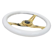 NRG Classic Wood Grain Steering Wheel (350mm) White Grip w/Chrome Gold 3-Spoke Center NRG Steering Wheels