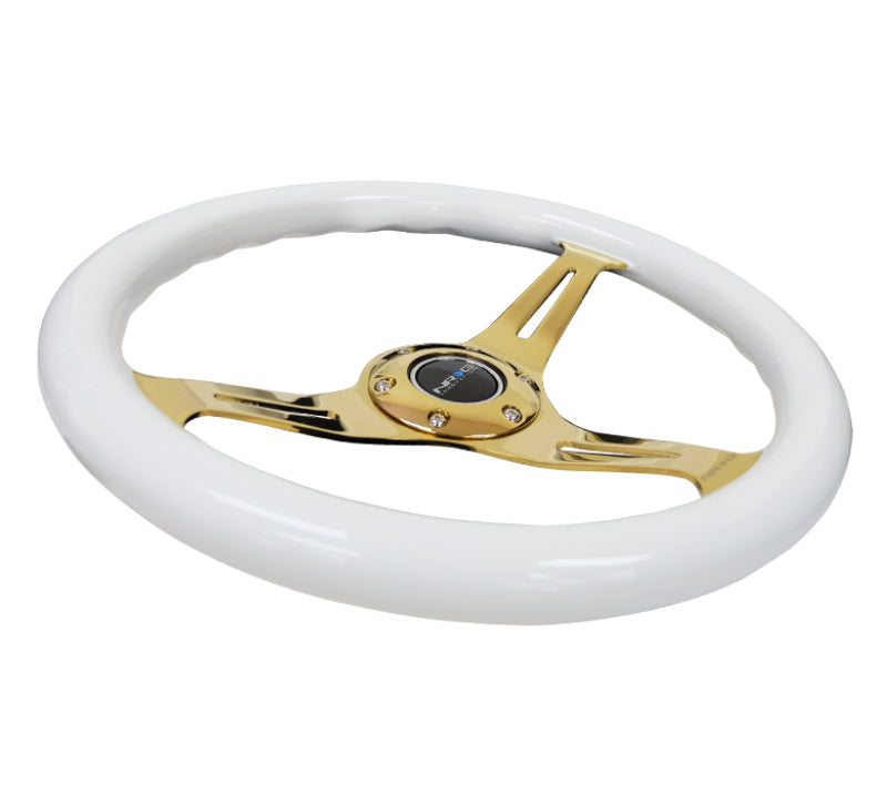 NRG Classic Wood Grain Steering Wheel (350mm) White Grip w/Chrome Gold 3-Spoke Center NRG Steering Wheels