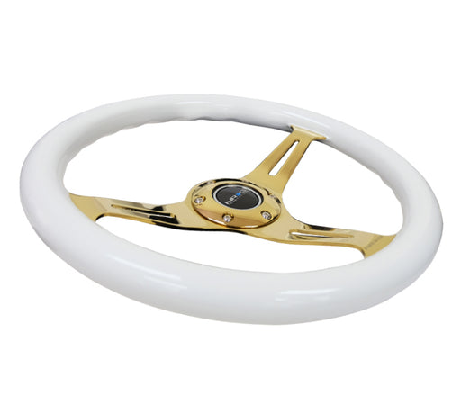 NRG Classic Wood Grain Steering Wheel (350mm) White Grip w/Chrome Gold 3-Spoke Center NRG Steering Wheels