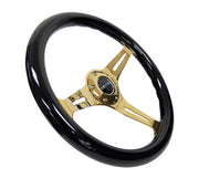NRG Classic Wood Grain Steering Wheel (350mm) Black Grip w/Chrome Gold 3-Spoke Center NRG Steering Wheels