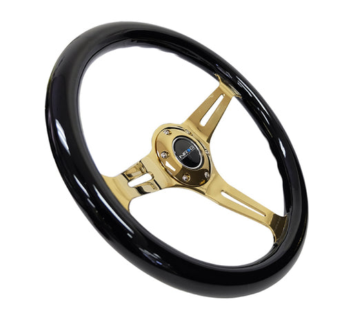 NRG Classic Wood Grain Steering Wheel (350mm) Black Grip w/Chrome Gold 3-Spoke Center NRG Steering Wheels