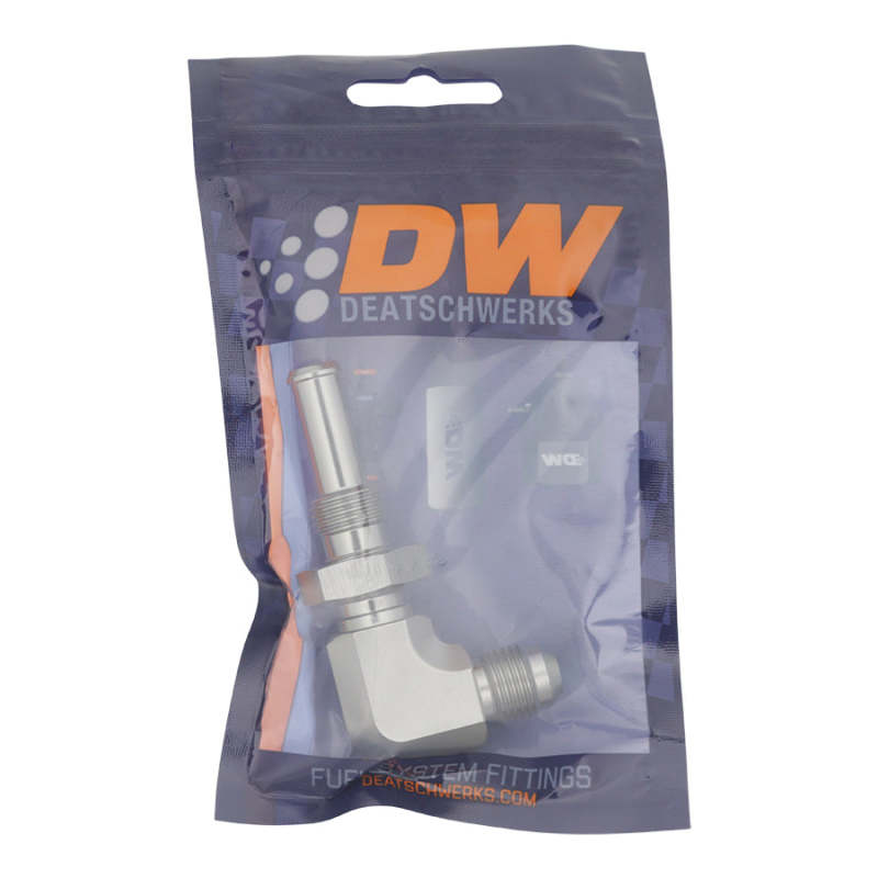 DeatschWerks 6AN Male Flare to 90-Degree 3/8in Single Hose Barb - Anodized DW Titanium DeatschWerks Fittings