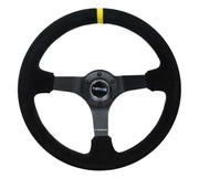 NRG Reinforced Steering Wheel (350mm / 3in. Deep) Blk Suede/X-Stitch w/5mm Blk Spoke & Yellow CM NRG Steering Wheels