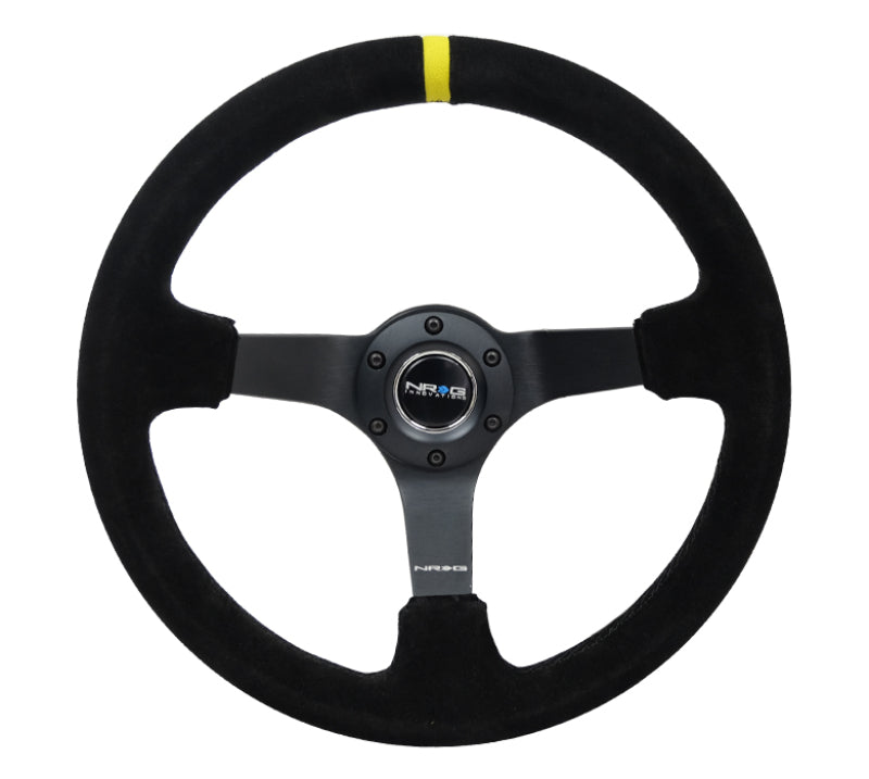 NRG Reinforced Steering Wheel (350mm / 3in. Deep) Blk Suede/X-Stitch w/5mm Blk Spoke & Yellow CM NRG Steering Wheels