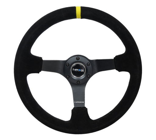 NRG Reinforced Steering Wheel (350mm / 3in. Deep) Blk Suede/X-Stitch w/5mm Blk Spoke & Yellow CM NRG Steering Wheels