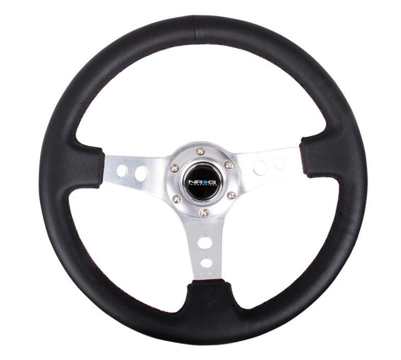 NRG Reinforced Steering Wheel (350mm / 3in. Deep) Blk Leather w/Silver Spoke & Circle Cutouts NRG Steering Wheels
