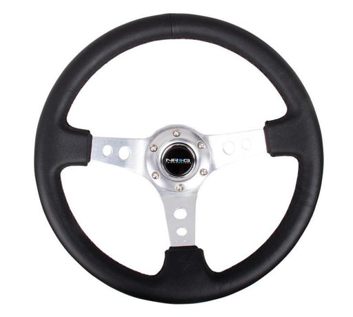 NRG Reinforced Steering Wheel (350mm / 3in. Deep) Blk Leather w/Silver Spoke & Circle Cutouts NRG Steering Wheels