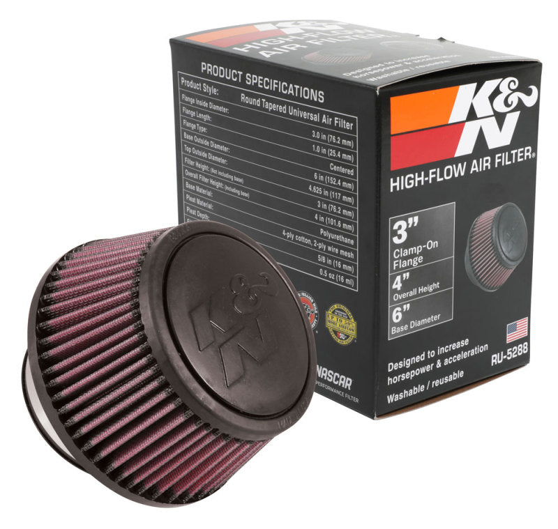 K&N Universal Round Clamp-On Air Filter 3in Flange ID x 6in Base OD x 4.625in Top OD x 3in Height K&N Engineering Air Filters - Universal Fit