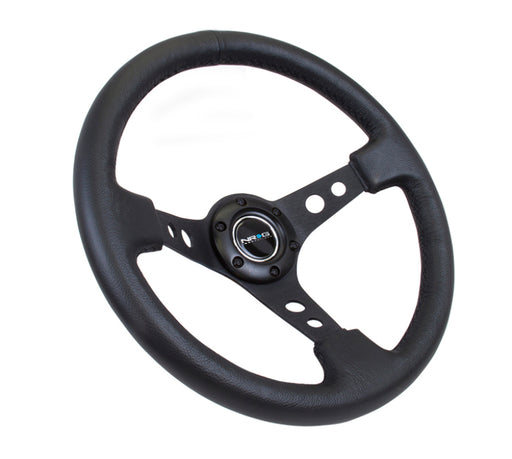 NRG Reinforced Steering Wheel (350mm / 3in. Deep) Blk Leather w/Blk Spoke & Circle Cutouts NRG Steering Wheels