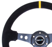 NRG Reinforced Steering Wheel (350mm / 3in. Deep) Blk Suede w/Circle Cut Spokes & Single Yellow CM NRG Steering Wheels