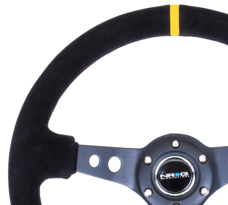 NRG Reinforced Steering Wheel (350mm / 3in. Deep) Blk Suede w/Circle Cut Spokes & Single Yellow CM NRG Steering Wheels