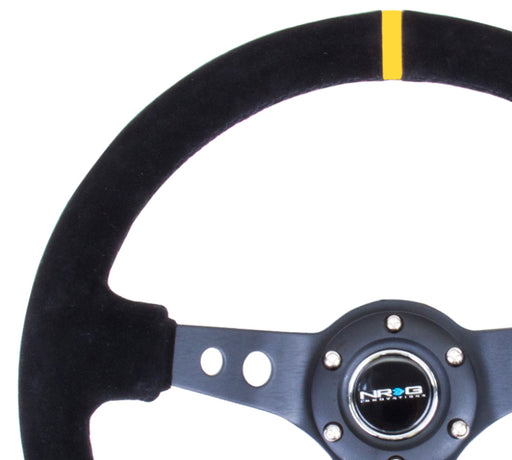NRG Reinforced Steering Wheel (350mm / 3in. Deep) Blk Suede w/Circle Cut Spokes & Single Yellow CM NRG Steering Wheels