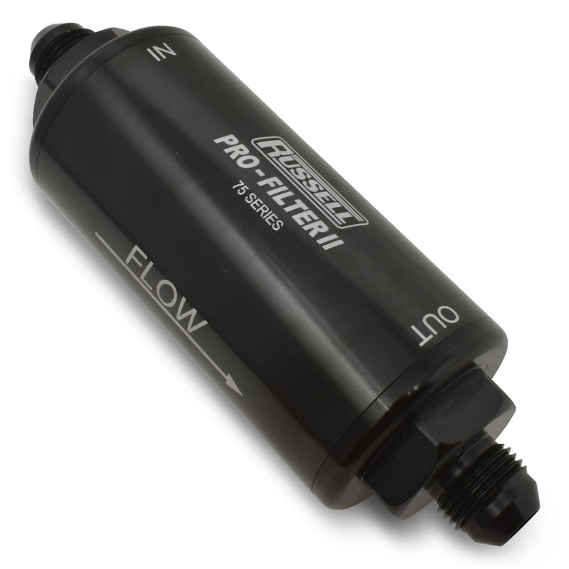 10AN Male In/Out, 100 Micron Element 75 Series 6 1/4" Pro-filter 2 Fuel Filter With Black Finish RUSSELL Autoparts
