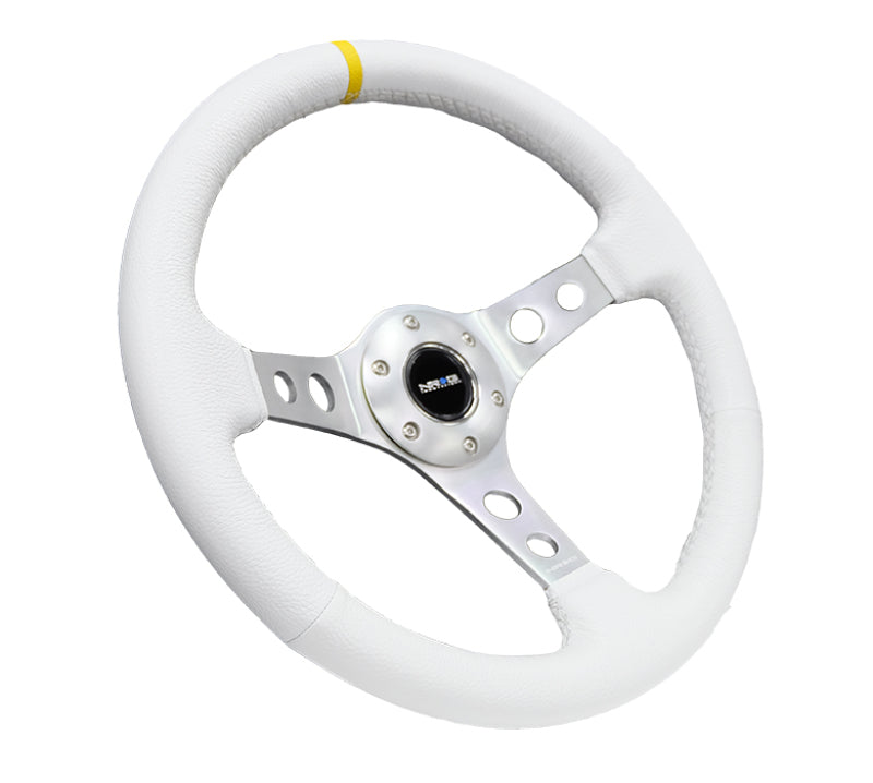 NRG Reinforced Steering Wheel (350mm / 3in. Deep) Wht Leather w/Silver Spoke & Single Yellow Mark NRG Steering Wheels