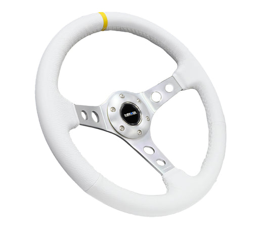 NRG Reinforced Steering Wheel (350mm / 3in. Deep) Wht Leather w/Silver Spoke & Single Yellow Mark NRG Steering Wheels
