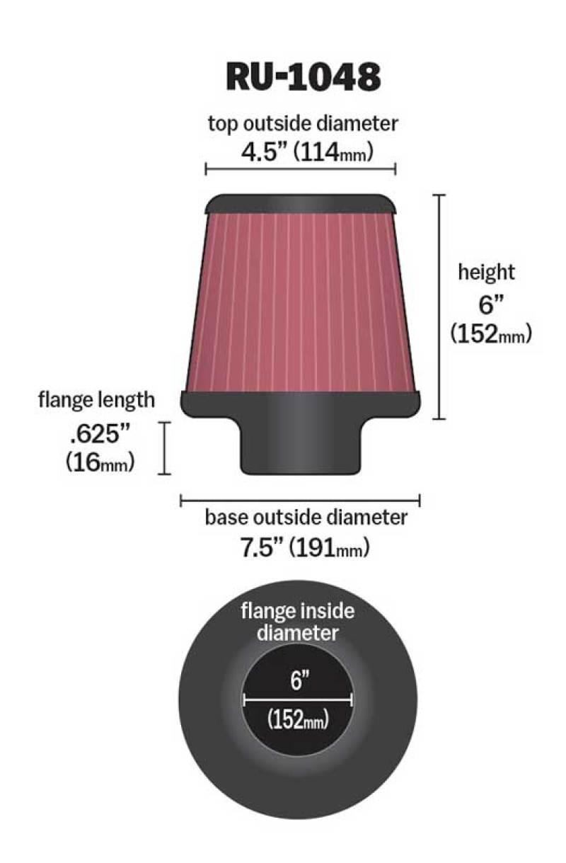 K&N Universal Clamp-On Air Filter 6in Flange / 7-1/2in Base / 4-1/2in Top / 6in Height K&N Engineering Air Filters - Universal Fit