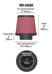 K&N Universal Tapered Filter 6in Flange ID x 7.5in Base OD x 5in Top OD x 8in Height K&N Engineering Air Filters - Universal Fit