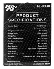 K&N Universal Rubber Filter - Round Tapered 6in Base OD x 3in Flange ID x 6in H K&N Engineering Air Filters - Universal Fit