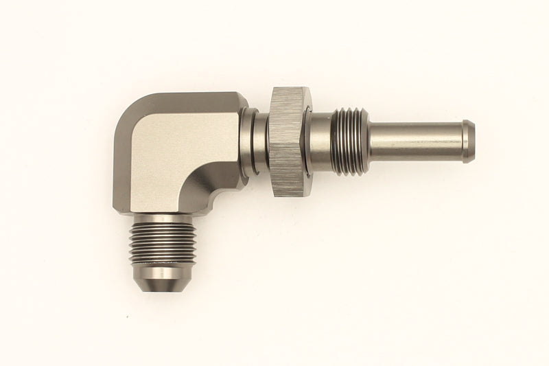 DeatschWerks 6AN Male Flare To 5/16in. Male Barb Bulkhead Adapter 90-Degree (Incl. Nut) DeatschWerks Fittings