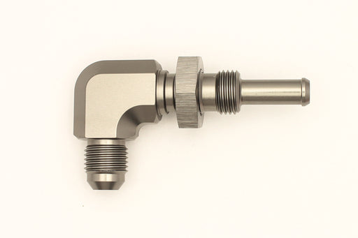 DeatschWerks 6AN Male Flare To 5/16in. Male Barb Bulkhead Adapter 90-Degree (Incl. Nut) DeatschWerks Fittings