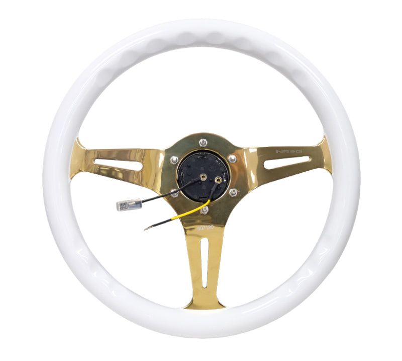 NRG Classic Wood Grain Steering Wheel (350mm) White Grip w/Chrome Gold 3-Spoke Center NRG Steering Wheels