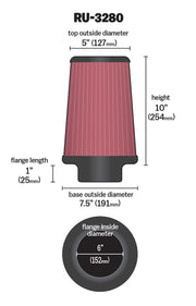 K&N Filter Universal Rubber Filter 6 inch Flange 7.5 inch Base 5 inch Top 10 inch Height K&N Engineering Air Filters - Universal Fit