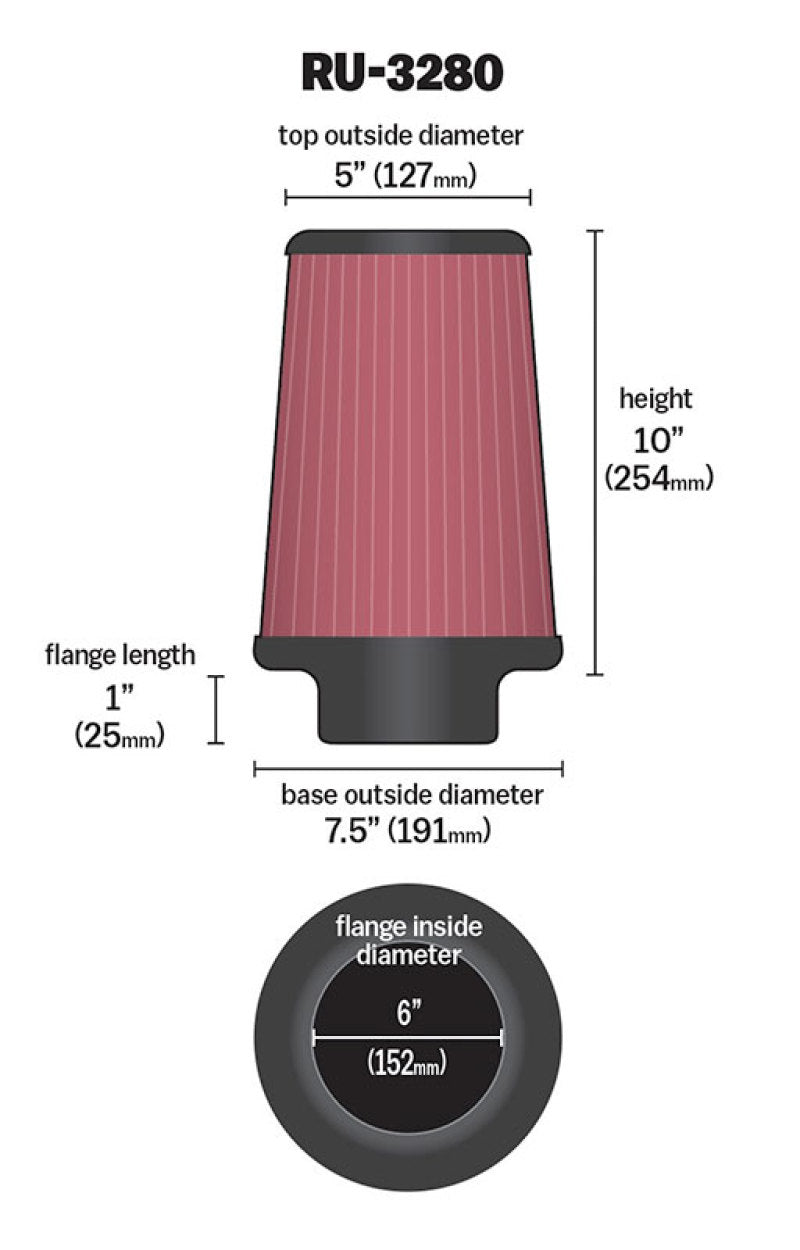 K&N Filter Universal Rubber Filter 6 inch Flange 7.5 inch Base 5 inch Top 10 inch Height K&N Engineering Air Filters - Universal Fit