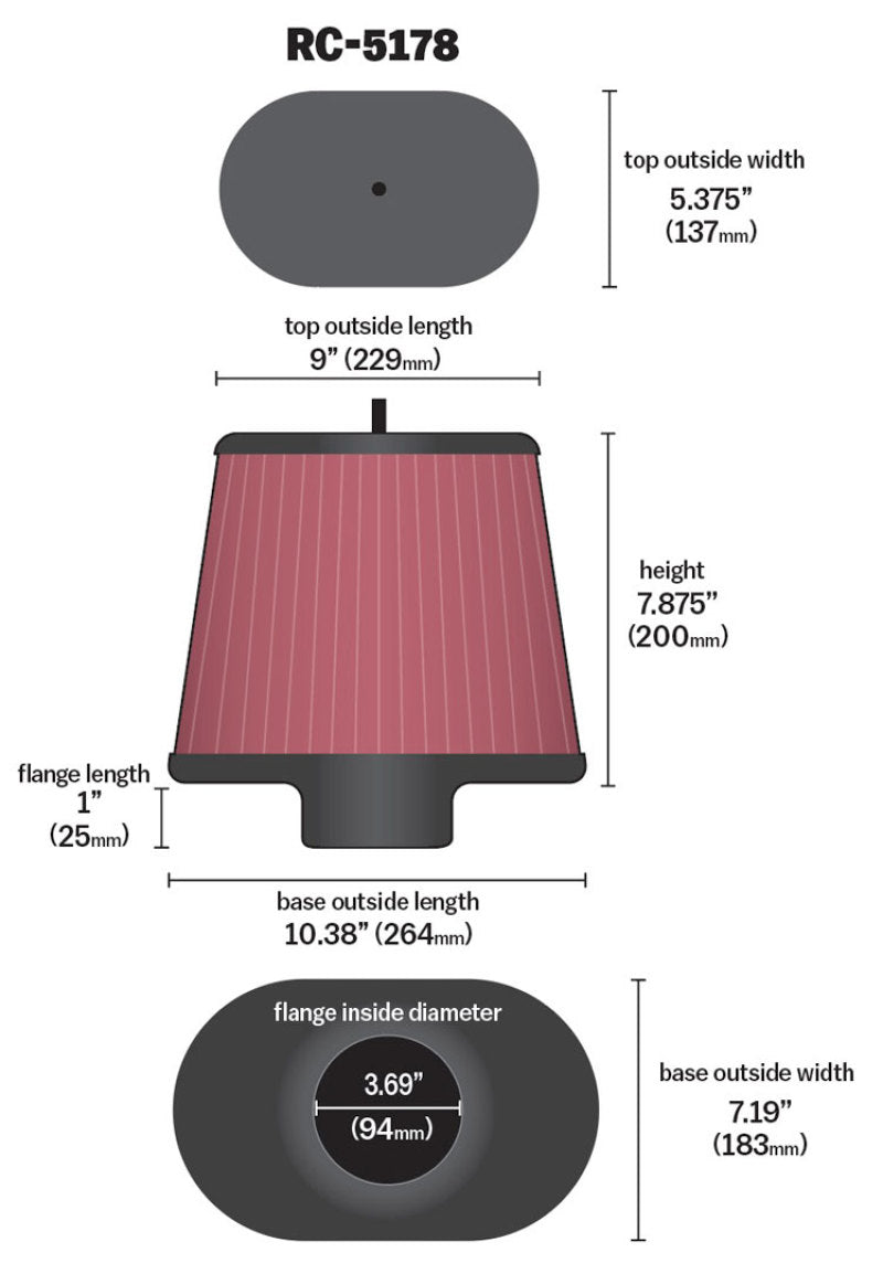 K&N Universal Air Filter - Oval Straight - 3.688in Flange ID x 10.25in Base O/S Length x 7.875in H K&N Engineering Air Filters - Universal Fit