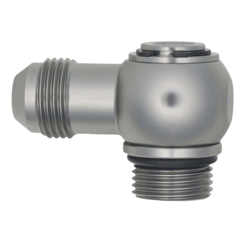 DeatschWerks 8AN ORB Male to 8AN Male Flare Low Profile 90-Degree Swivel - Anodized DW Titanium DeatschWerks Fittings