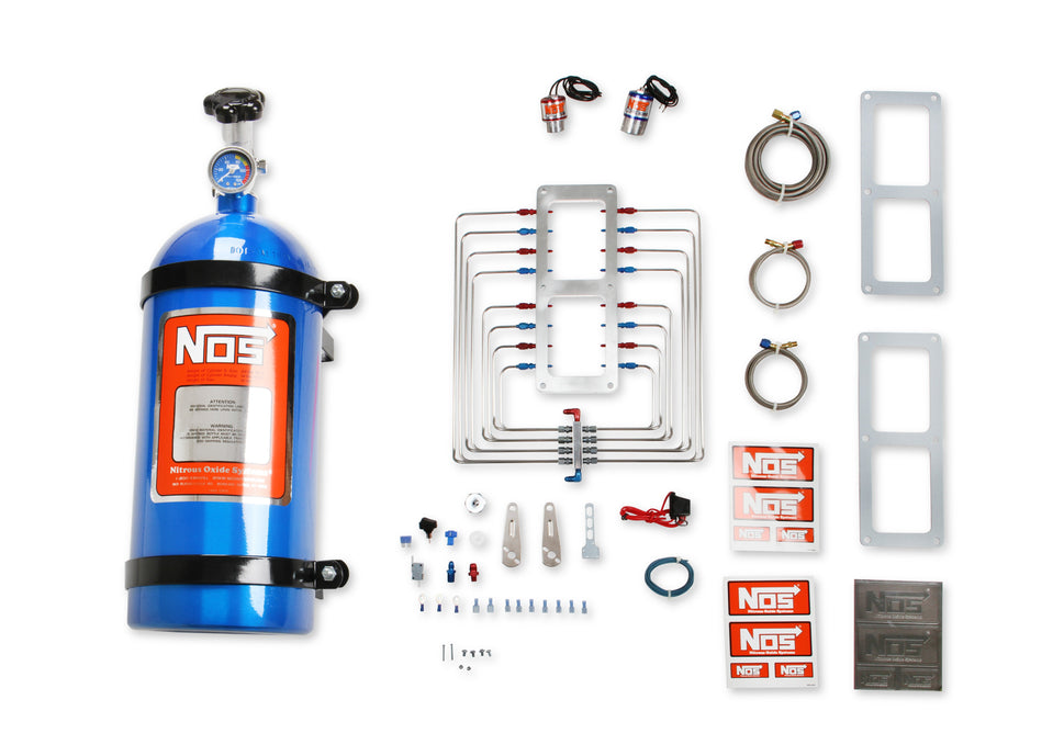 NOS Supercharger Nitrous System,Polished Plate,Red/Blue Plumbing,Blue Bottle