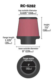 K&N Universal Round Tapered Filter 6in Flange ID x 9in Base OD x 6.625in Top OD x 7.5in Height K&N Engineering Air Filters - Universal Fit