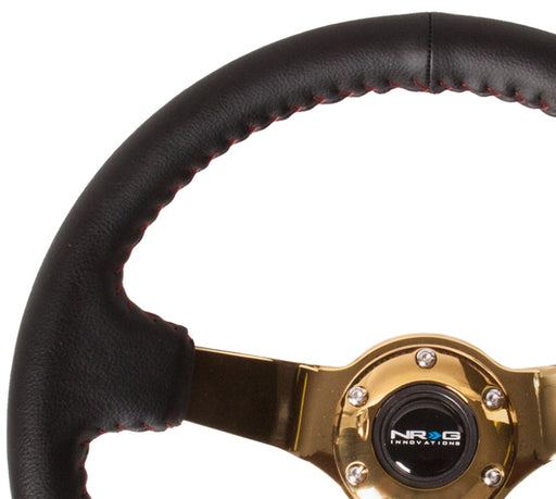 NRG Reinforced Steering Wheel (350mm / 3in. Deep) Blk Leather/Red BBall Stitch w/4mm Gold Spokes NRG Steering Wheels