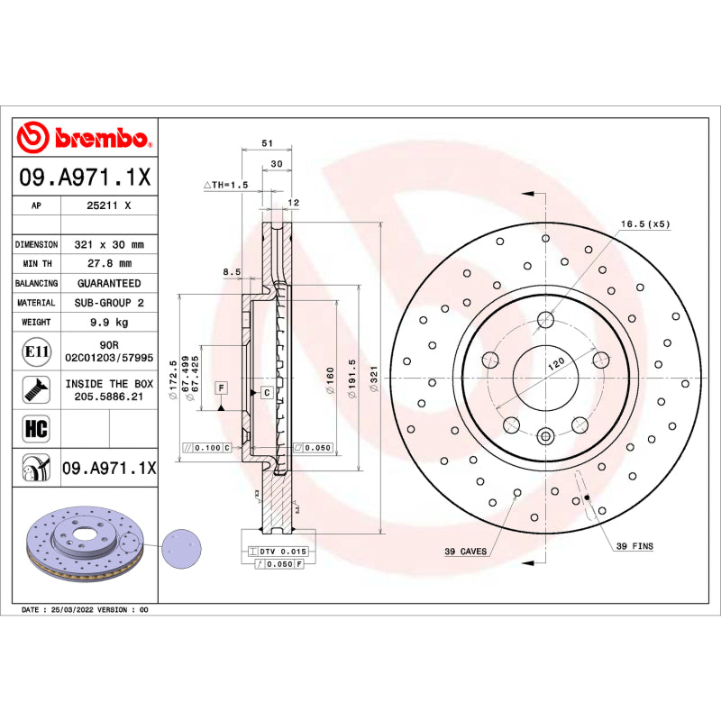 Brembo OE 10-15 Chevrolet Camaro/10-17 Equinox/14-20 Impala Drilled Xtra Brake Disc - Front Brembo OE Brake Rotors - Drilled