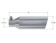 MBRP Universal Tip 4in OD 2.5in Inlet 12in Length Angled Cut Rolled End Clampless No-Weld T304 MBRP Steel Tubing