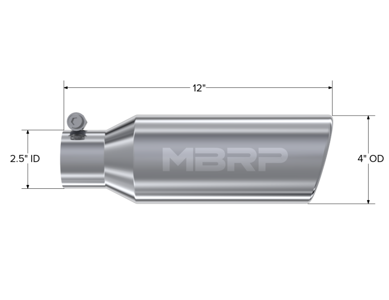 MBRP Universal Tip 4in OD 2.5in Inlet 12in Length Angled Cut Rolled End Clampless No-Weld T304 MBRP Steel Tubing
