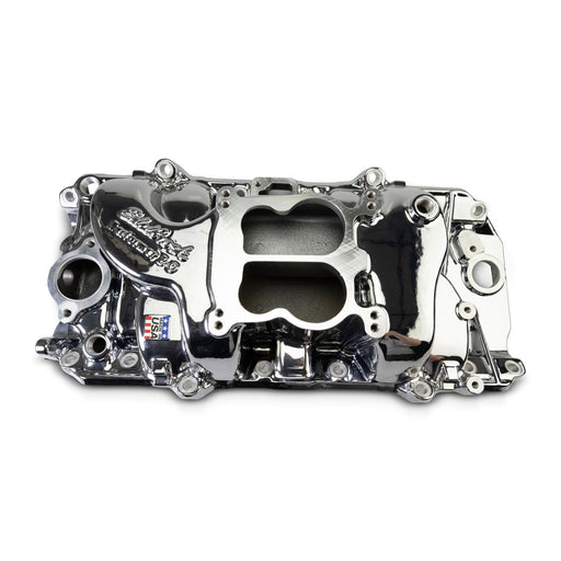 Performer 2-O Manifold for 1965-90 B/B Chevy Oval Port Heads, Chrome Plasma EDELBROCK Autoparts