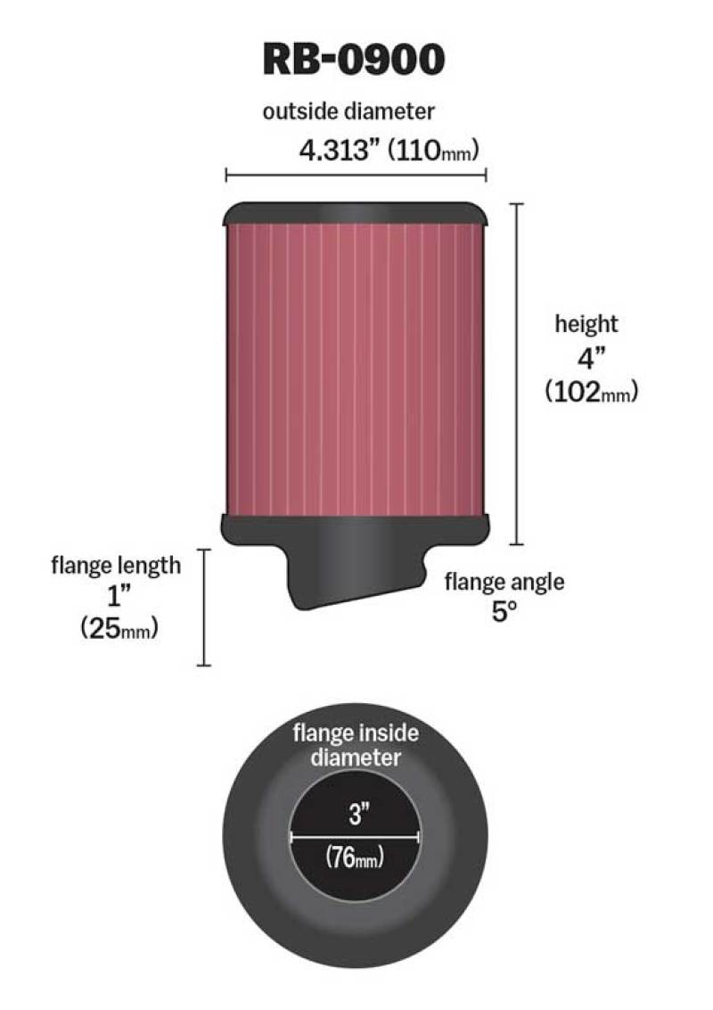 K&N Universal Rubber Filter 3 inch 5 Degree FLG 4 1/2 inch OD 4 inch Height K&N Engineering Air Filters - Universal Fit