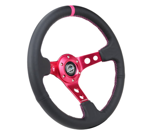 NRG Reinforced Steering Wheel (350mm/3in. Deep) Black Leather/ Fushia Center Mark/ Fushia Stitching NRG Steering Wheels